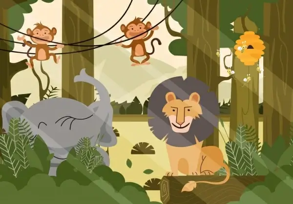 wild nature painting forest animals icons cartoon design