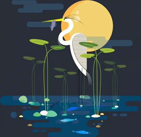 wild nature painting stork fish pond moonlight icons