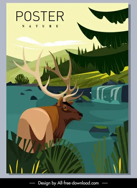 wild nature poster reindeer lake sketch cartoon design