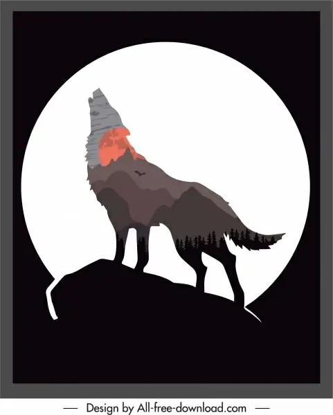 wildlife backgroud wolf moon forest silhouette flat dark