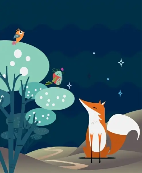 wildlife background bird fox icons colored cartoon decoration