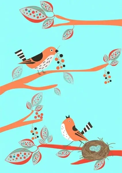 wildlife background bird nest icon colored cartoon design