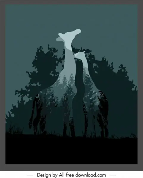 wildlife background blurred silhouette giraffes forest scenery combination