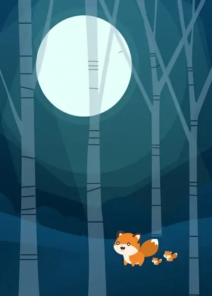 wildlife background fox round moon icons cartoon design