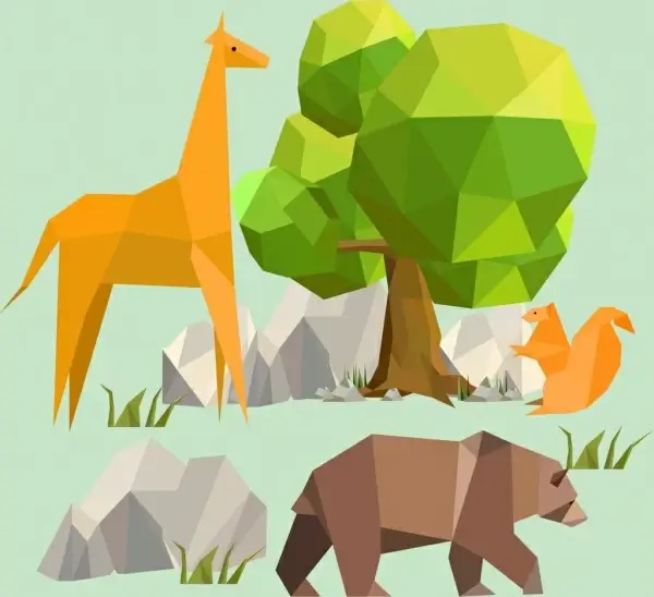 wildlife background giraffe bear squirrel icons polygonal decor