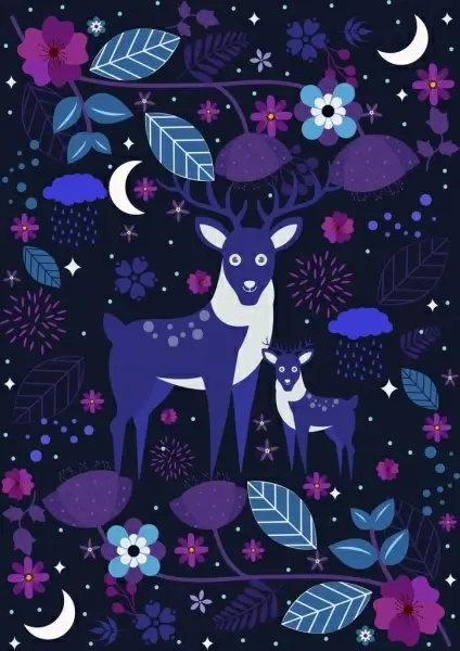 wildlife background reindeer flowers icons dark purple decor