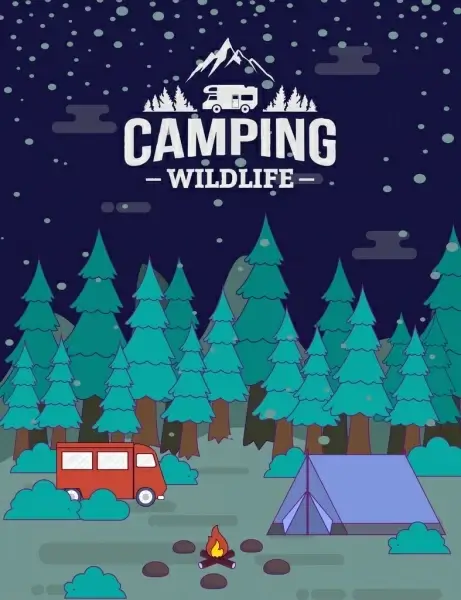 wildlife camping banner forest tent bus campfire icons