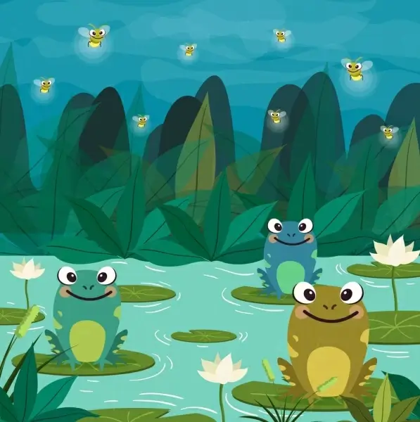wildlife drawing frogs pond lotus icons colored cartoon