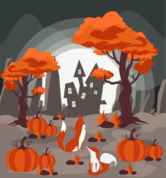 wildlife drawing red pumpkin tree fox icons decor
