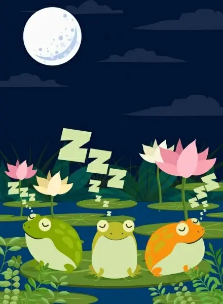 wildlife drawing sleeping frogs moonlight lotus icons decor