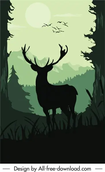 wildlife painting dark silhouette design reindeer sketch