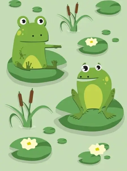 wildlife painting green frog lotus leaves cartoon design