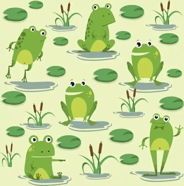 wildlife painting green frogs icons cute cartoon design