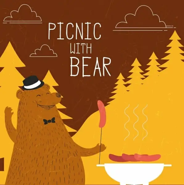 wildlife picnic banner stylized bear barbecue icons