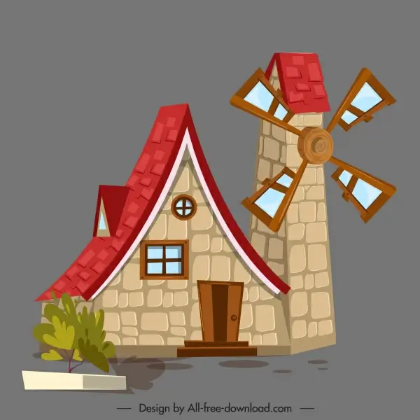 windmill house icon colored classic sketch