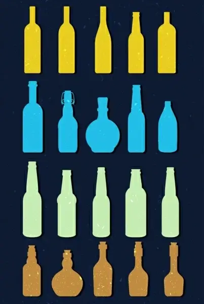 wine bottle icons collection multicolored flat shapes