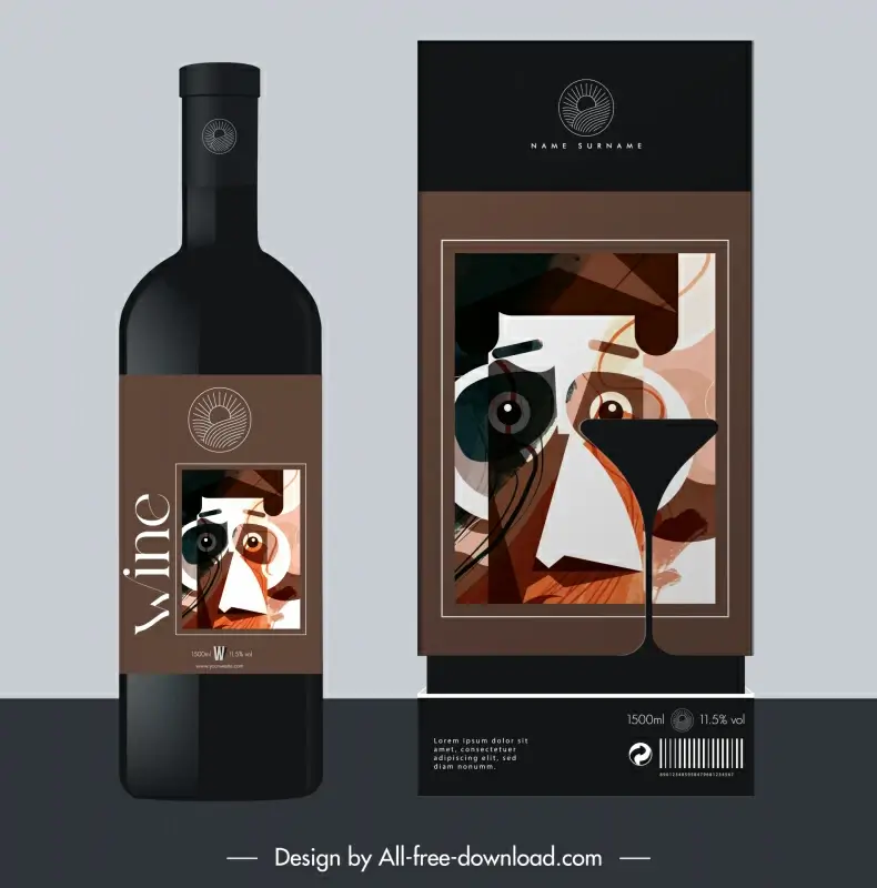 wine bottle packaging template abstract face wineglass silhouette 