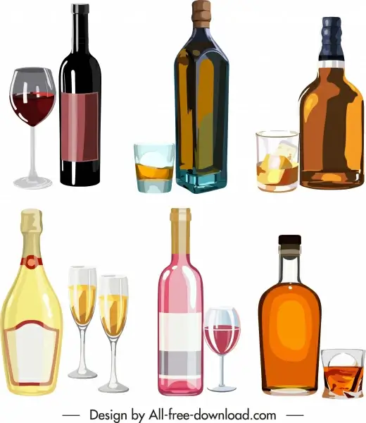 wine icons shiny colored bottles cups glasses sketch