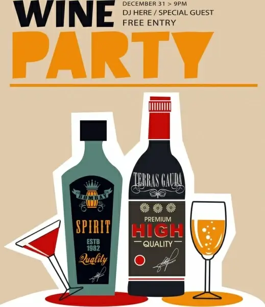 wine party banner bottle glass icons classical design