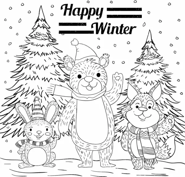 winter background bear rabbit fox icons handdrawn sketch