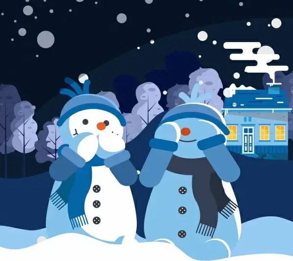 winter background cute stylized snowman icons cartoon design