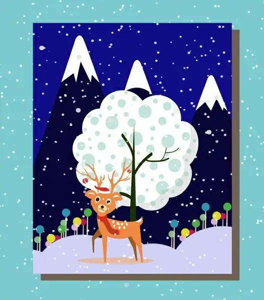 winter background design night scenery and cute reindeer
