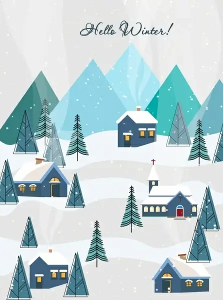 winter background houses tree falling snow icons