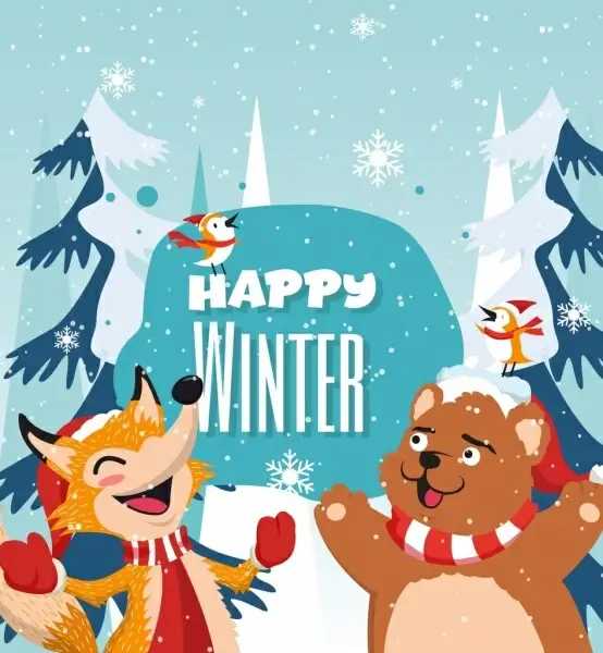 winter banner stylized fox bear birds icons decor