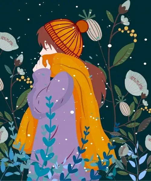winter drawing girl in warm clothes colored cartoon