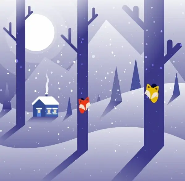 winter drawing violet decor trees house moonlight icons