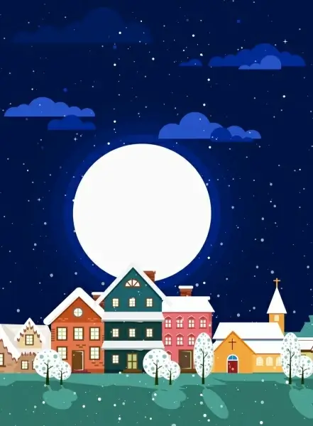 winter landscape background round moon houses icons decor 