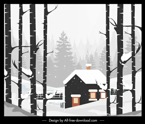 winter landscape painting colored retro decor cottage sketch
