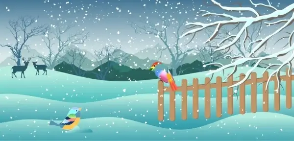 winter painting snowfall birds reindeer icons cartoon design