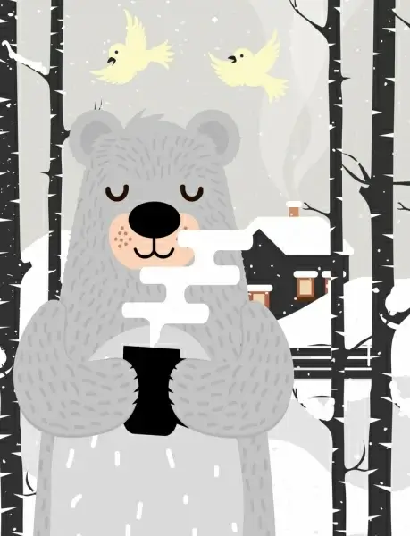 winter painting stylized bear snowfall icons cartoon design