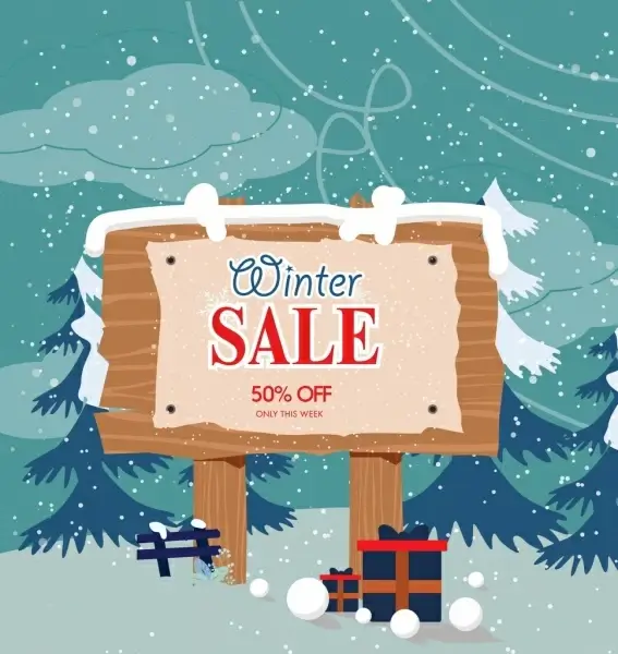 winter sale poster wooden signboard snowfall icons decor