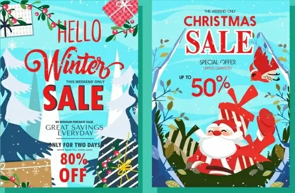 winter sales banner santa gift box icons decor