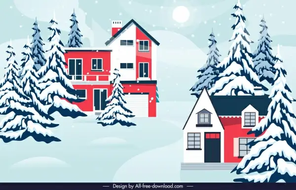 winter scene background snow fir trees houses sketch