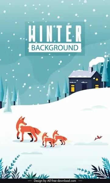 winter scene background snowfall foxes cottage sketch