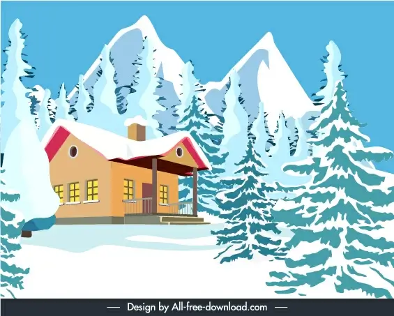 winter scene banner template snow mountain cottage sketch
