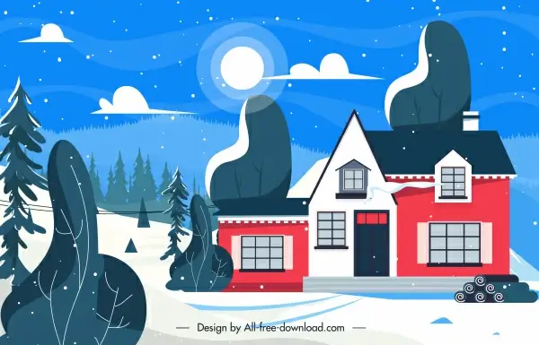 winter scenery background house exterior snow moonlight sketch