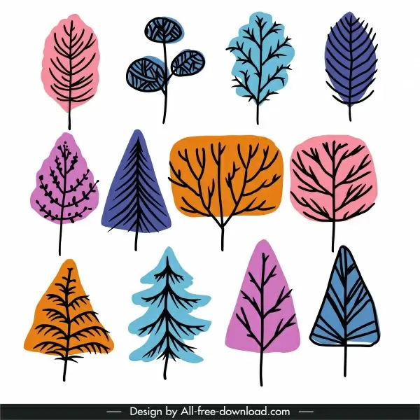 winter trees icons colored flat classic handdrawn sketch