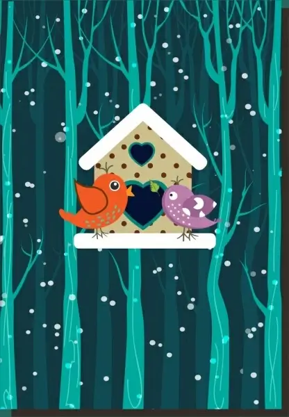 winter valentines theme colored birds and nest design
