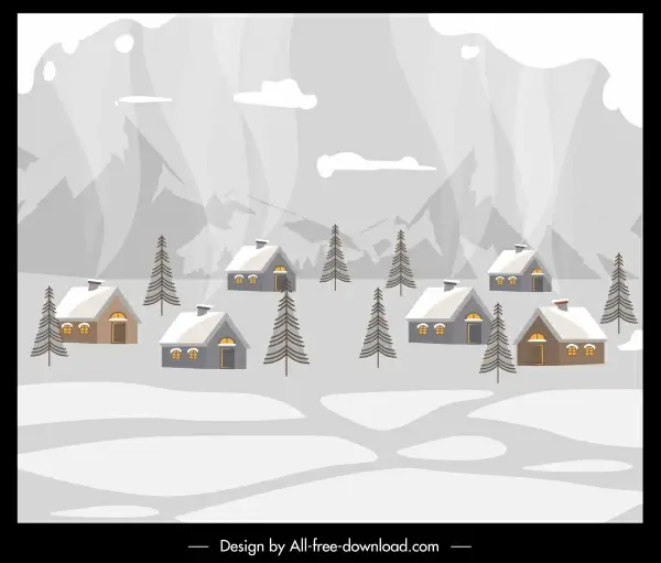 winter village painting cottages snow sketch retro design