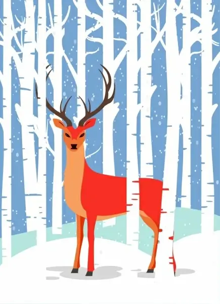winter wildlife drawing red reindeer white trees icons
