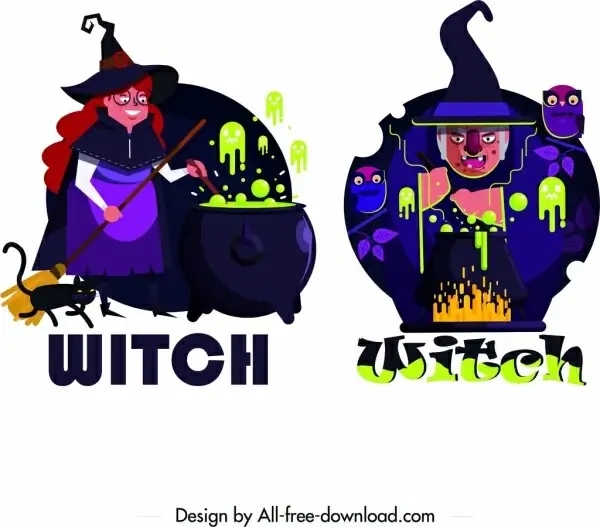 witch icons cartoon character dark multicolored design