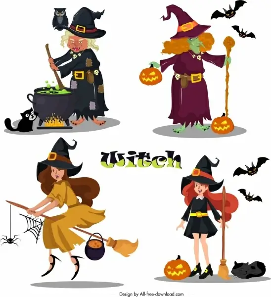 witch icons old young women sketch cartoon design