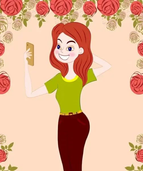 woman selfie drawing roses decoration colored cartoon