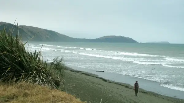 woman walking on beach on overcast day