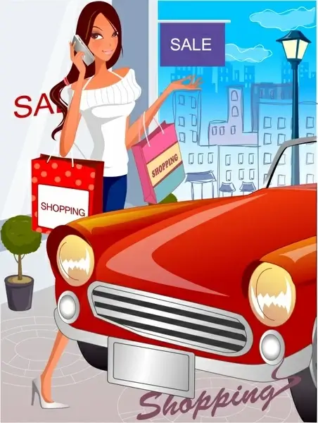 lifestyle background shopping woman icon cartoon character