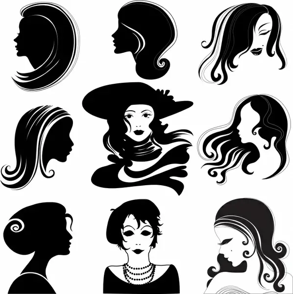 woman hairstyle avatars black white silhouette sketch